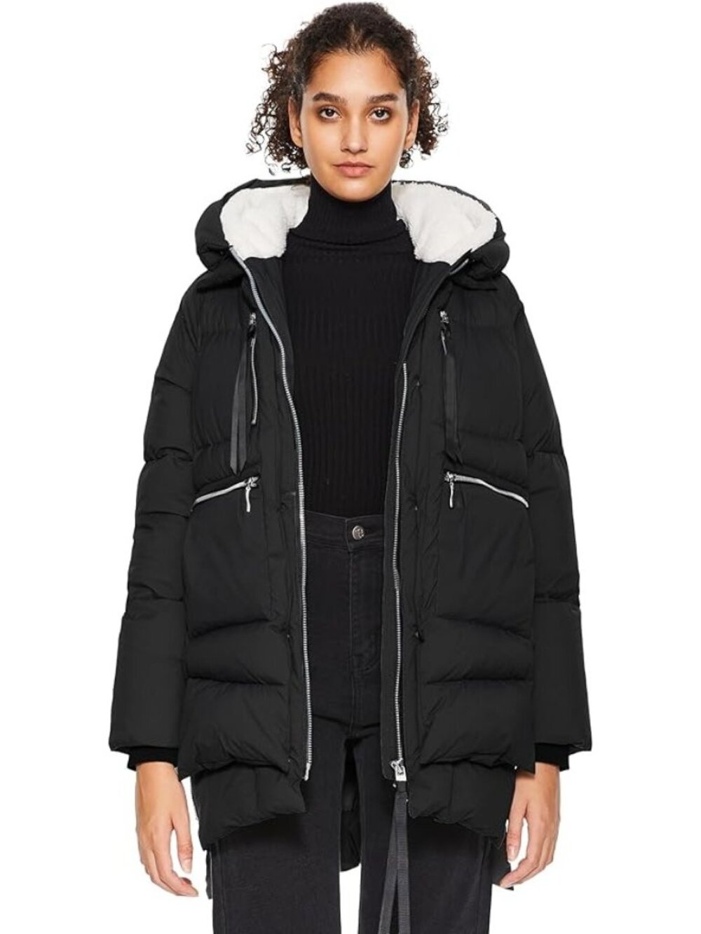 Orolay Women's Black Hooded Down Jacket With Fleece Lining Size Large 318